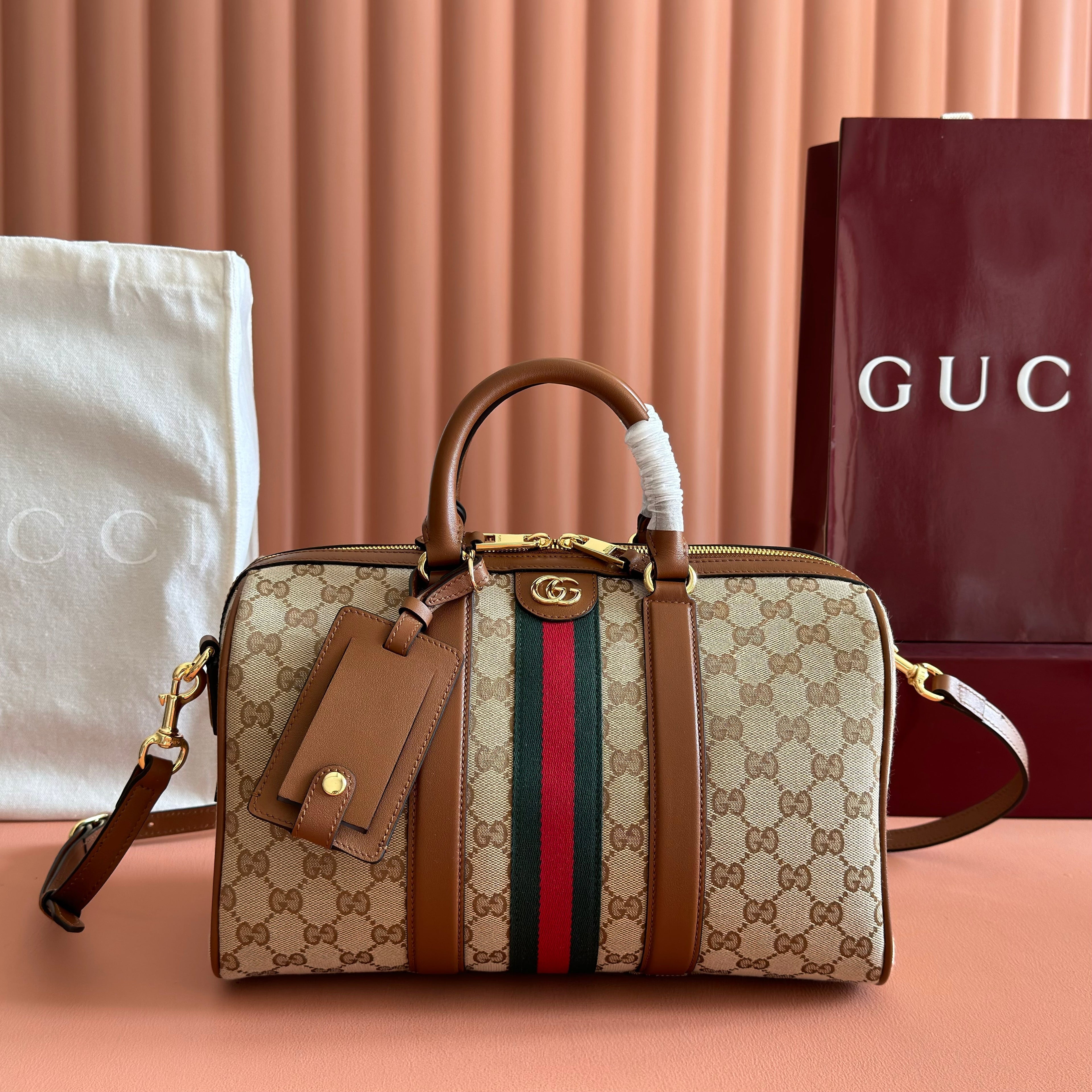 GUCCI 26S OPHIDIA MEDIUM BOSTON BAG 30 IN WARM BEIGE AND BROWN CANVAS