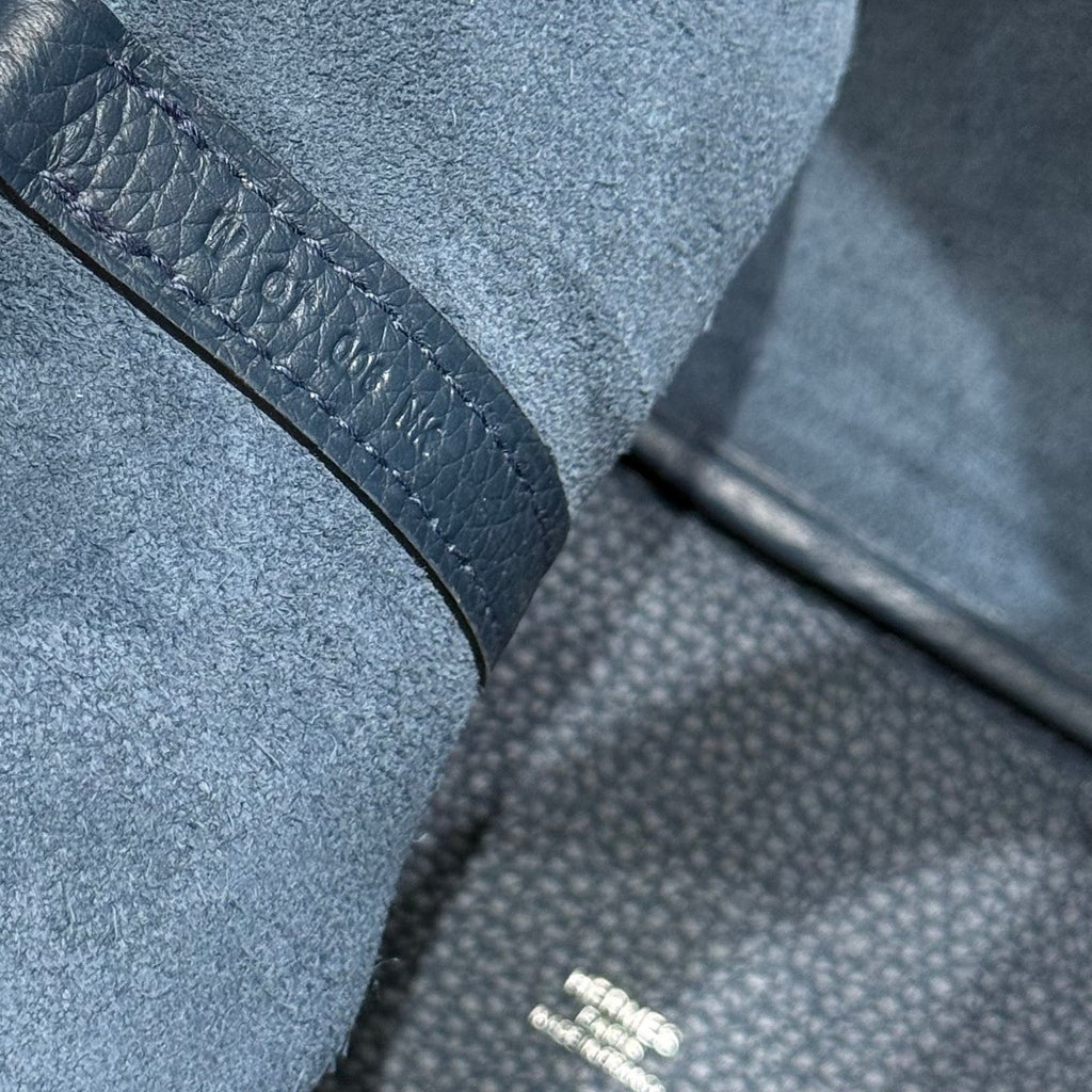 HERMES 25S PICOTIN LOCK 18 IN NAVY BLUE CALFSKIN SILVER HARDWARE